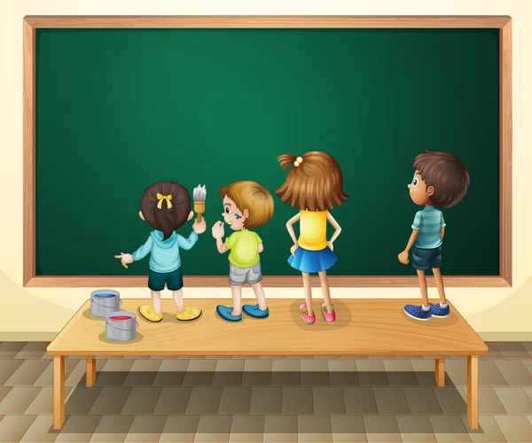 Children paintinging the blackboard in the room — Stock Vector