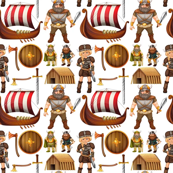 Gente vikinga sin fisuras y barco — Vector de stock