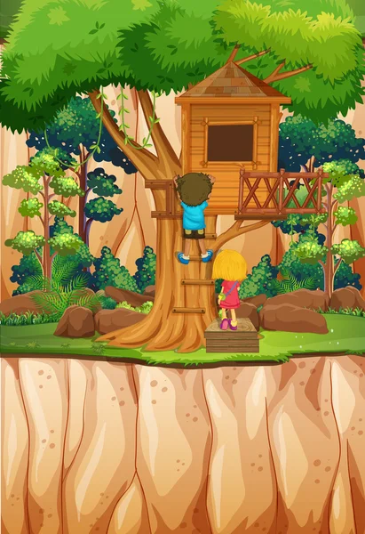 Niño y niña jugando en la casa del árbol — Vector de stock