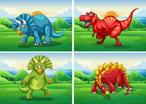 Quatro dinossauros em pé no campo —  Vetores de Stock