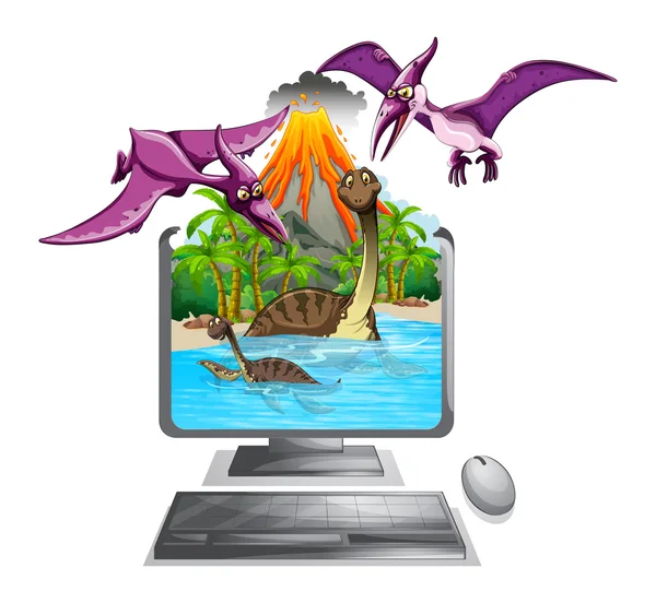 Ekranie komputera z dinozaurami w jeziorze — Wektor stockowy