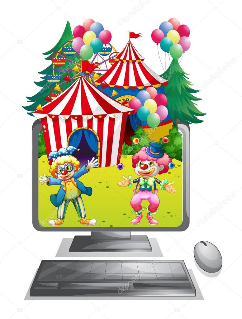 Computer screen with clowns at the circus