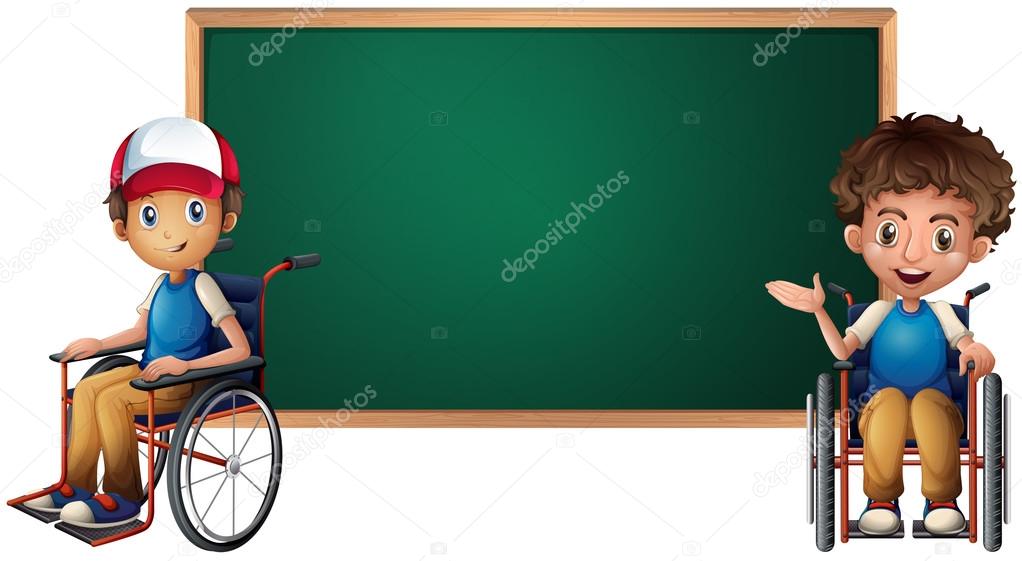Two boys on wheelchairs by the board