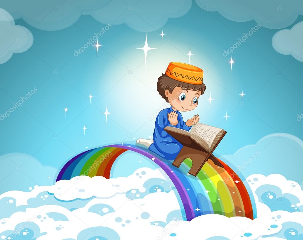 Muslim boy praying over the rainbow