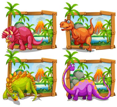 Four dinosaurs in wooden frame