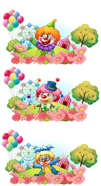 Trois scènes de clown souriant dans le jardin — Image vectorielle