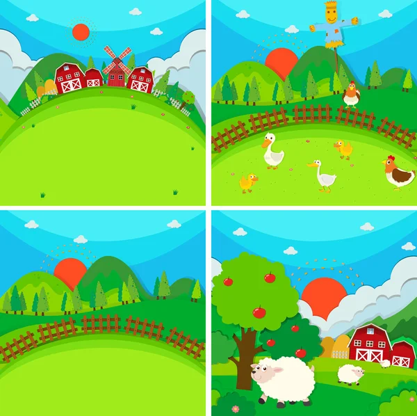 Four scenes of farmland with barn and animals — Stock Vector