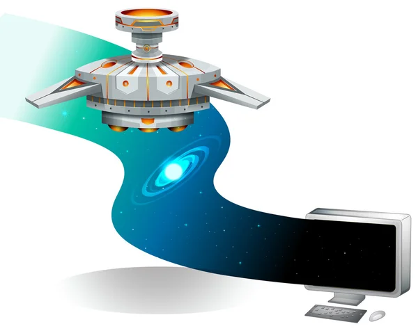 Pantalla de ordenador con nave espacial volando en el espacio — Archivo Imágenes Vectoriales