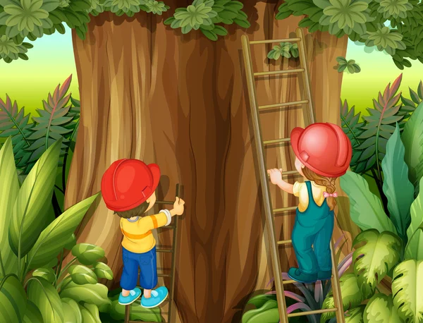 Ragazzo e ragazza scalare la scala sull'albero — Vettoriale Stock