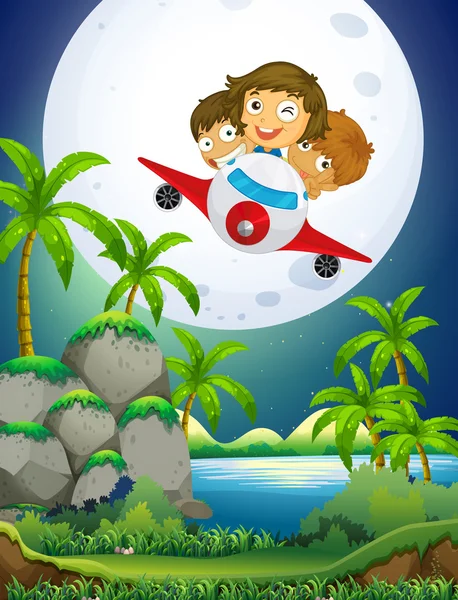 Children riding airplane over the park — Stock Vector