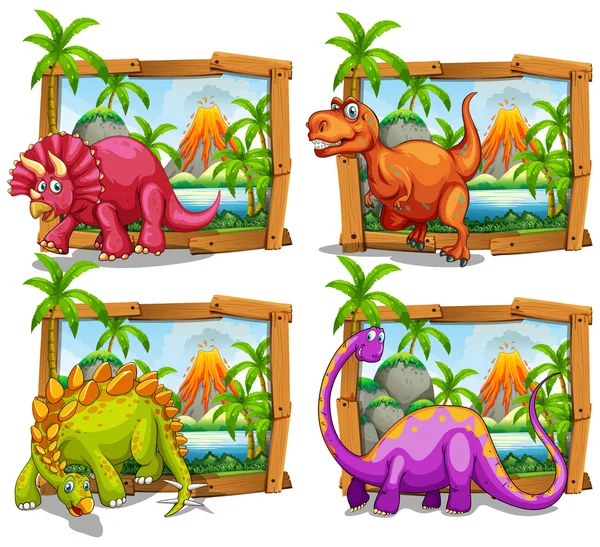 Чотири динозаври в дерев'яній рамці — стоковий вектор