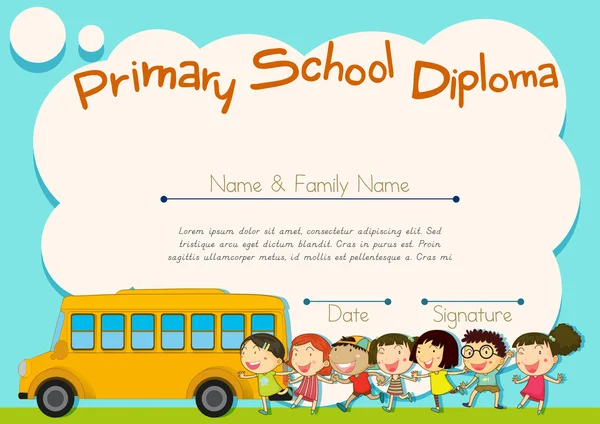 Diplôme d'école primaire avec autobus scolaire et enfants — Image vectorielle