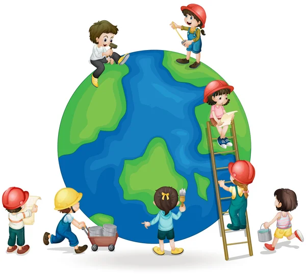 Children fixing and painting the globe — Stock Vector