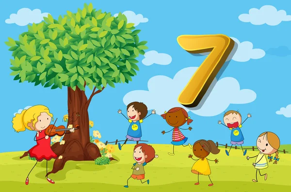 Carte-éclair numéro 7 avec sept enfants dans le parc — Image vectorielle