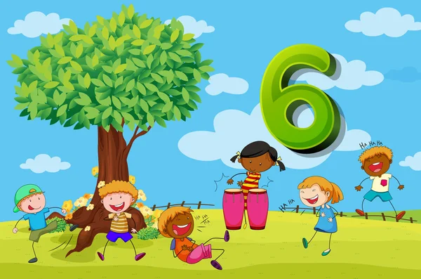 Flashcard numero 6 con sei bambini nel parco — Vettoriale Stock