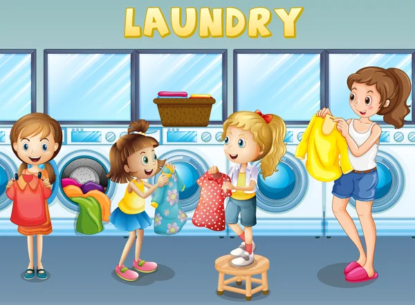 Children doing laundry together — Stock Vector