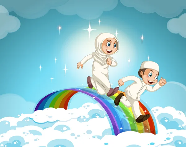 Casal muçulmano correndo sobre o arco-íris — Vetor de Stock