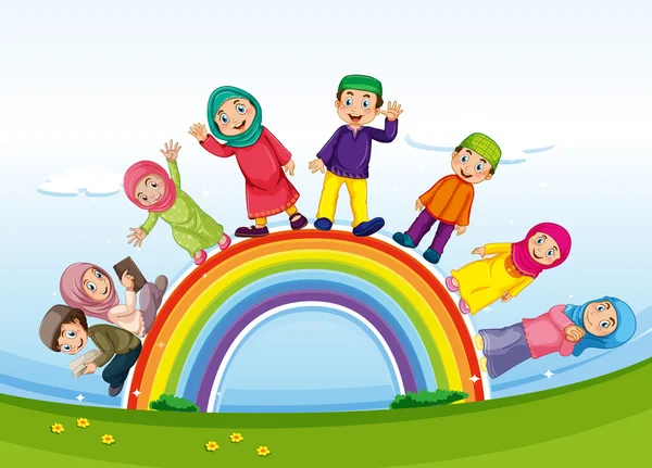 Família muçulmana em pé no arco-íris — Vetor de Stock