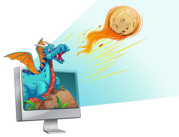 Computerscherm met dragon en komeet — Stockvector