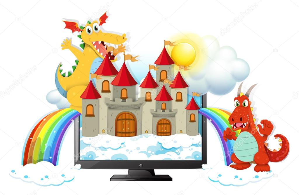 Dragons and castle on computer screen
