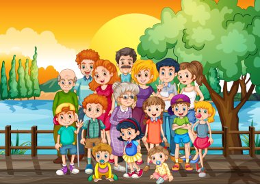 Gün batımında köprüde duran aile üyeleri