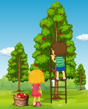 Boy and girl picking apples from the tree clipart