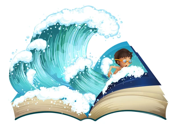 Giant book with boy swimming in the ocean — Stock Vector