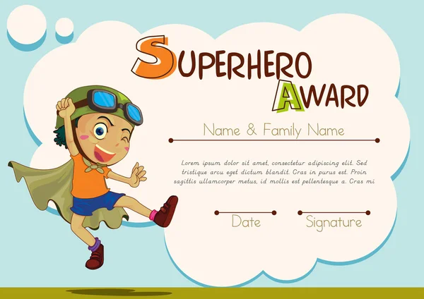 Certificate template with boy being superhero — Stock Vector