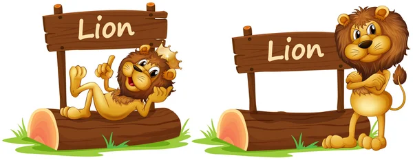 Due leoni accanto al segno di legno — Vettoriale Stock