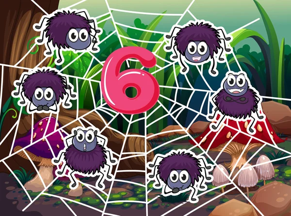 Six spiders on the web around number 6 — Stock Vector