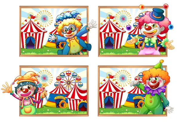 Four photo frame of clowns at the circus — Stock Vector