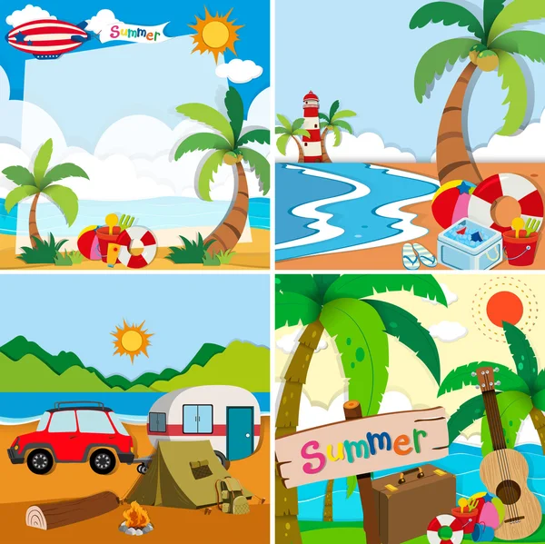 Cuatro escenas de vacaciones de verano en la playa — Vector de stock