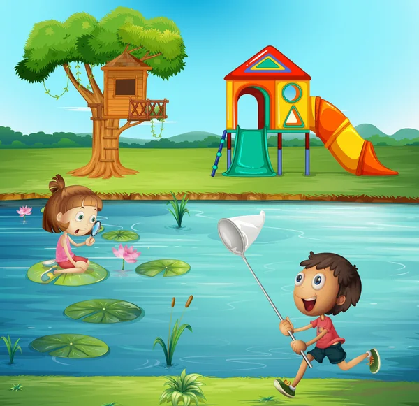 男孩和女孩在池塘 — 图库矢量图片