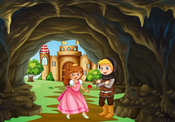Caçador e princesa na caverna — Vetor de Stock