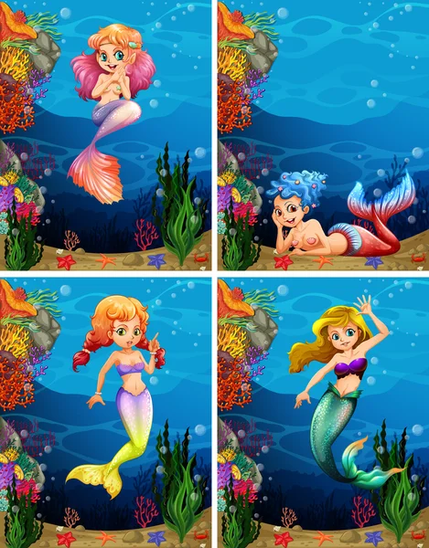 Cuatro escenas de sirena nadando bajo el mar — Archivo Imágenes Vectoriales