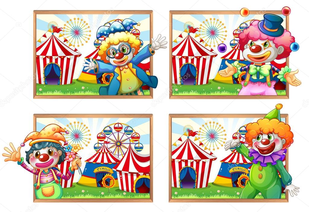 Four photo frame of clowns at the circus