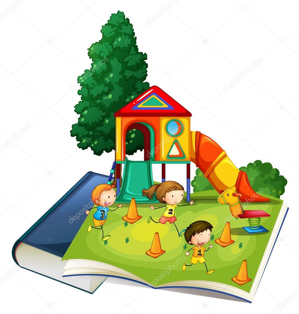 Libro gigante con i bambini che giocano al parco giochi per bambini — Vettoriali di interactimages