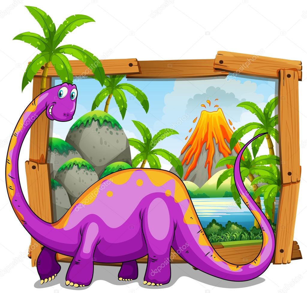 Wooden frame with purple dinosaure in jungle