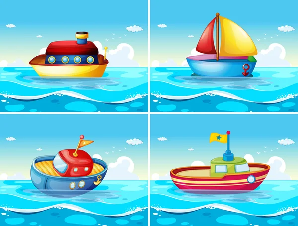 Cuatro tipos diferentes de barcos flotando en el mar — Archivo Imágenes Vectoriales
