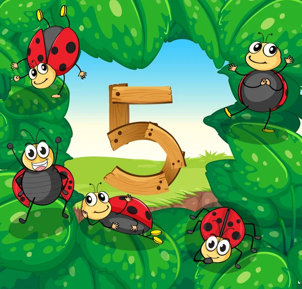 Beş beş ladybugs ile yapraklarda numara — Stok Vektör