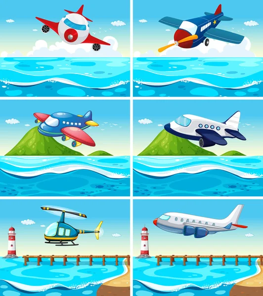 Airplanes and helicopters over the ocean — Stock Vector