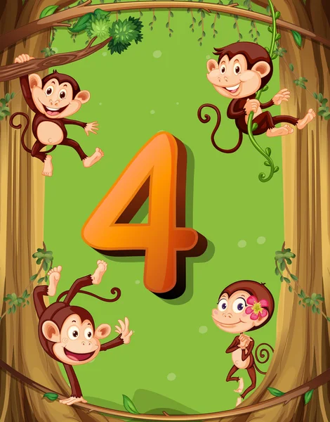 Numero quattro con 4 scimmie sull'albero — Vettoriale Stock