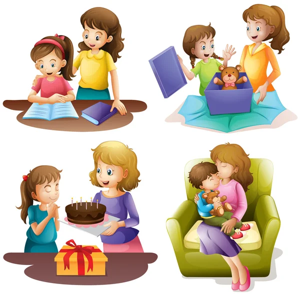 Mother and child doing different activities — Stock Vector