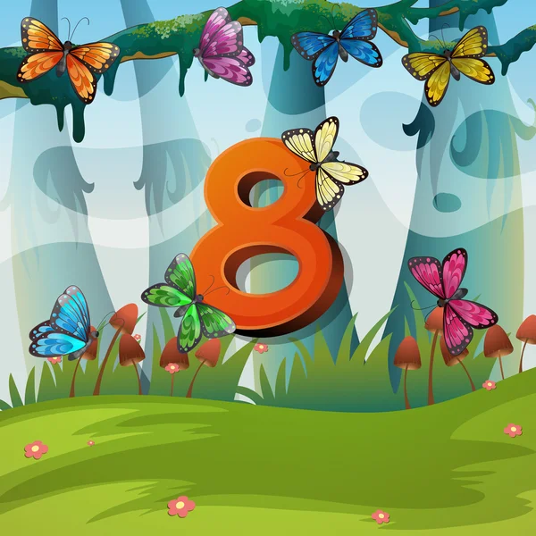 Número oito com 8 borboletas no jardim — Vetor de Stock