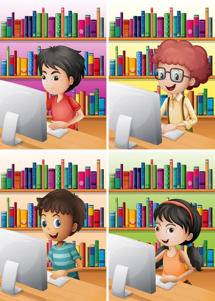 Pojkar och flicka arbetar på dator — Stock vektor