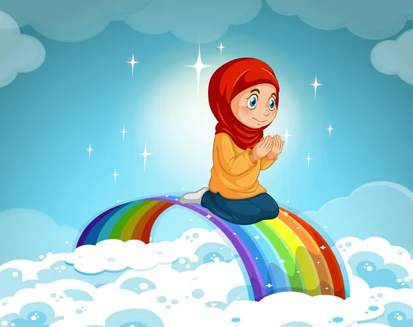 Muslim girl praying over the rainbow — Stock Vector