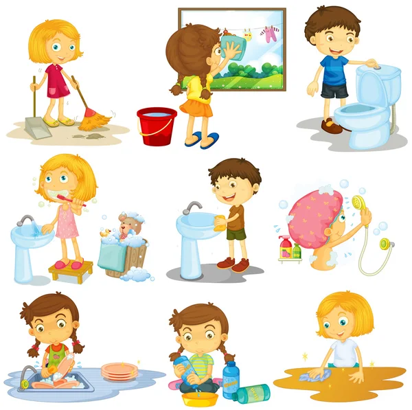 Children doing different chores — Stock Vector