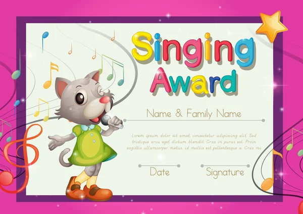 Singing award template with kitten singer — Stock Vector