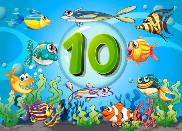 10 魚水中フラッシュ カード番号 10 — ストックベクタ