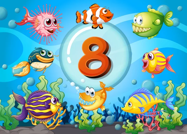 Flashcard número ocho con 8 peces bajo el agua — Vector de stock